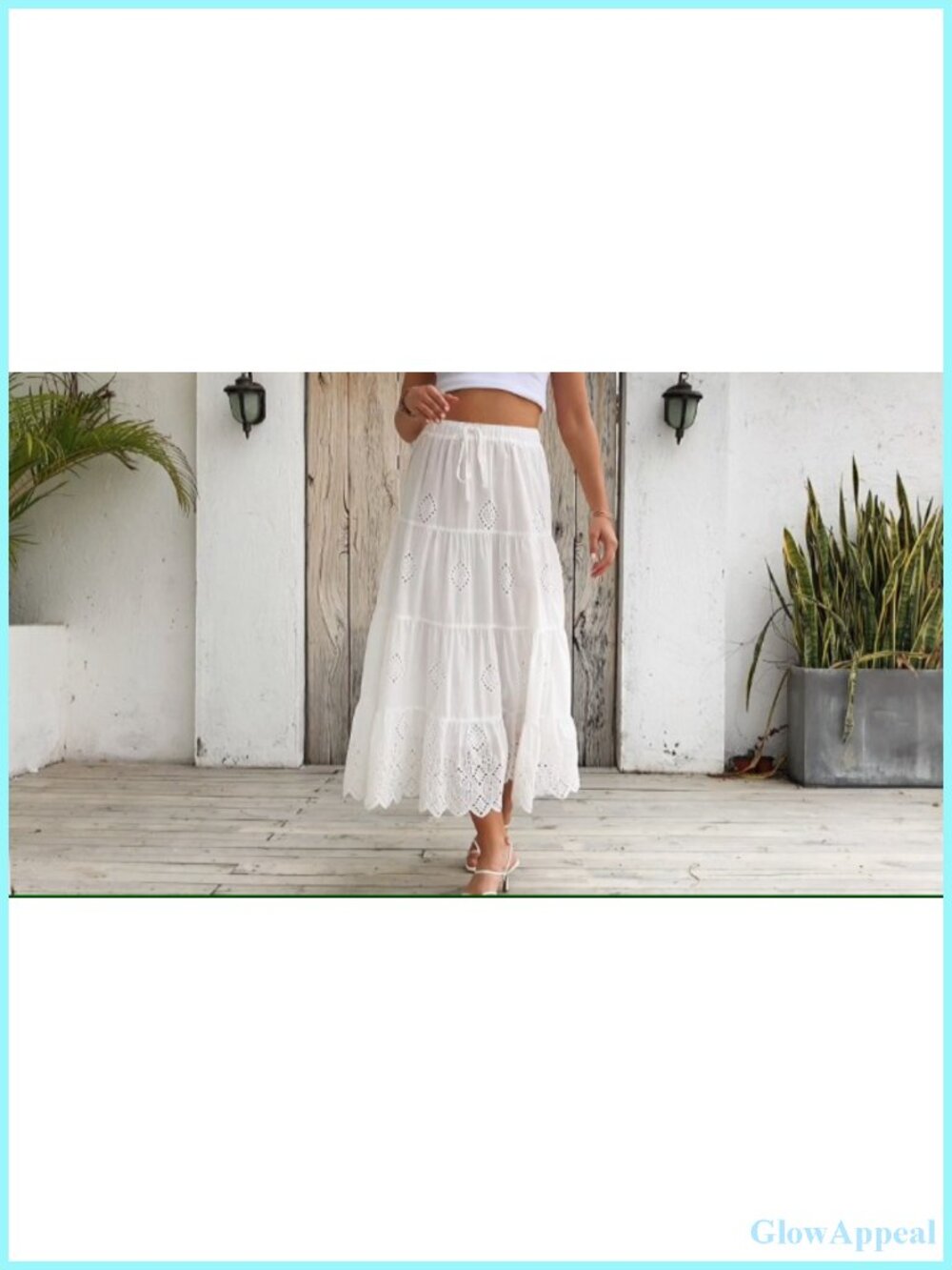 Women's Boho Cotton Embroidered Tiered Maxi Skirt Elastic High Waist A-Line - Picture 6 of 6